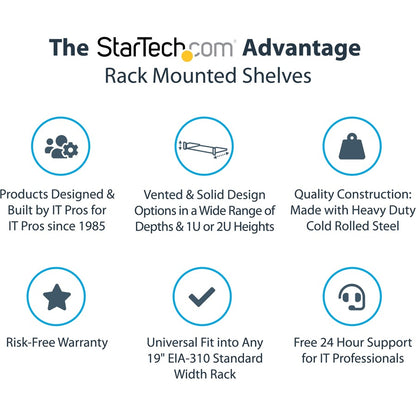 Alternate-Image1 Image for StarTech 1U Server Rack Cabinet Shelf - Fixed 20" Deep Cantilever Rackmount Tray for 19" Data/AV/Network Enclosure w/cage nuts, screws
