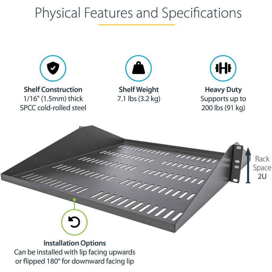 Alternate-Image2 Image for StarTech 2U Vented Server Rack Shelf - Center Mount Fixed 20" Deep Cantilever Rackmount Tray for 19" Data/AV/Network w/Cage Nuts