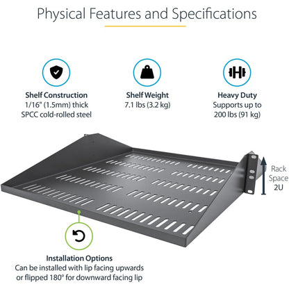 Alternate-Image2 Image for StarTech 2U Vented Server Rack Shelf - Center Mount Fixed 20" Deep Cantilever Rackmount Tray for 19" Data/AV/Network w/Cage Nuts