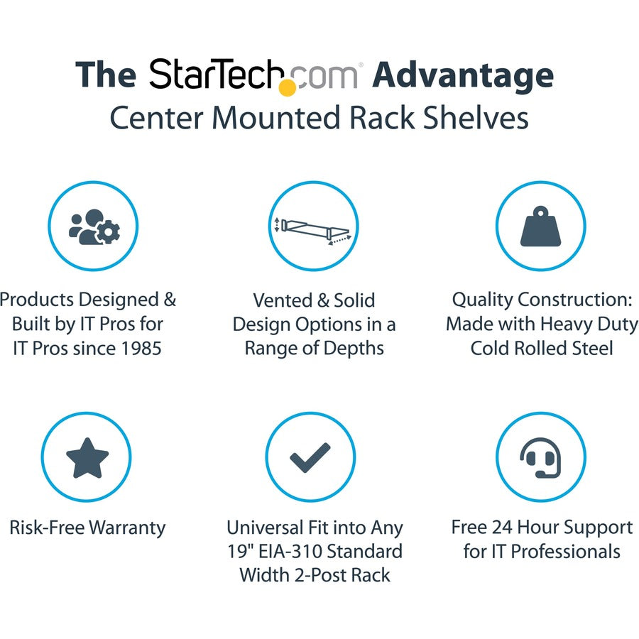 Alternate-Image1 Image for StarTech 2U Vented Server Rack Shelf - Center Mount Fixed 20" Deep Cantilever Rackmount Tray for 19" Data/AV/Network w/Cage Nuts
