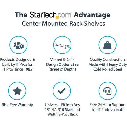 Alternate-Image1 Image for StarTech 2U Vented Server Rack Shelf - Center Mount Fixed 20" Deep Cantilever Rackmount Tray for 19" Data/AV/Network w/Cage Nuts