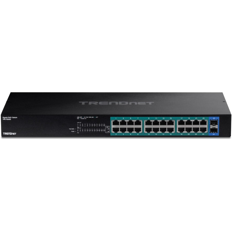 Alternate-Image3 Image for TRENDnet 26-Port Gigabit PoE+ Switch, 24 x 30W PoE+ Ports, 2 Gigabit SFP Slots, 380W PoE Budget, 52Gbps Switching Capacity, 1U 19" Rack Mountable, Lifetime Protection, Black, TPE-TG262