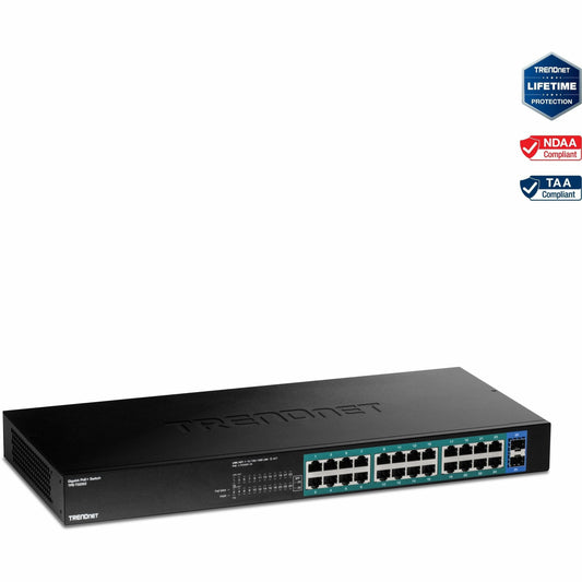 Main Image for TRENDnet 26-Port Gigabit PoE+ Switch, 24 x 30W PoE+ Ports, 2 Gigabit SFP Slots, 380W PoE Budget, 52Gbps Switching Capacity, 1U 19" Rack Mountable, Lifetime Protection, Black, TPE-TG262