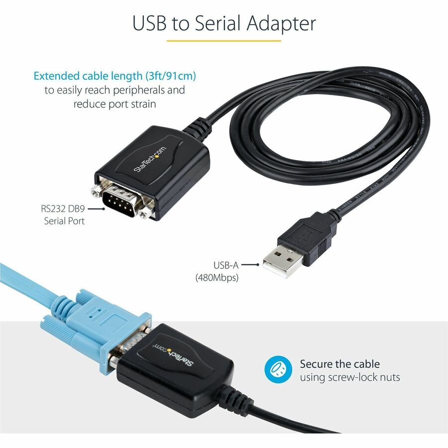 Alternate-Image1 Image for StarTech.com 3ft (1m) USB to Serial Cable with COM Port Retention, DB9 Male RS232 to USB Converter, USB to Serial Adapter, Prolific IC