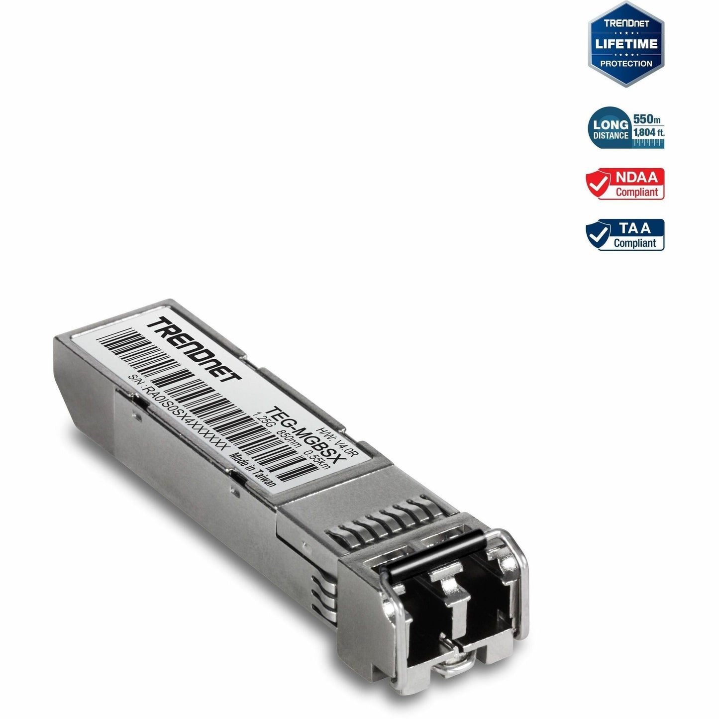 Main Image for TRENDnet SFP Multi-Mode LC Module, Up To 550m (1800 Ft), Mini-GBIC, Hot Pluggable, IEEE 802.3z Gigabit Ethernet, Supports Up To 1.25 Gbps, Lifetime Protection, Silver, TEG-MGBSX