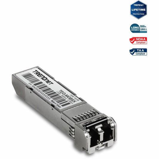 Main Image for TRENDnet SFP Multi-Mode LC Module, Up To 550m (1800 Ft), Mini-GBIC, Hot Pluggable, IEEE 802.3z Gigabit Ethernet, Supports Up To 1.25 Gbps, Lifetime Protection, Silver, TEG-MGBSX