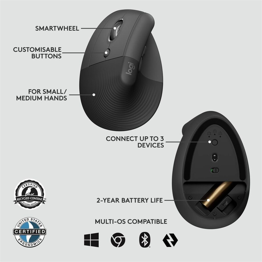 Alternate-Image5 Image for Logitech Lift for Business Left, Vertical Ergonomic Mouse - Left-handed, Wireless, Bluetooth or Secured Logi Bolt USB, Quiet clicks, Graphite