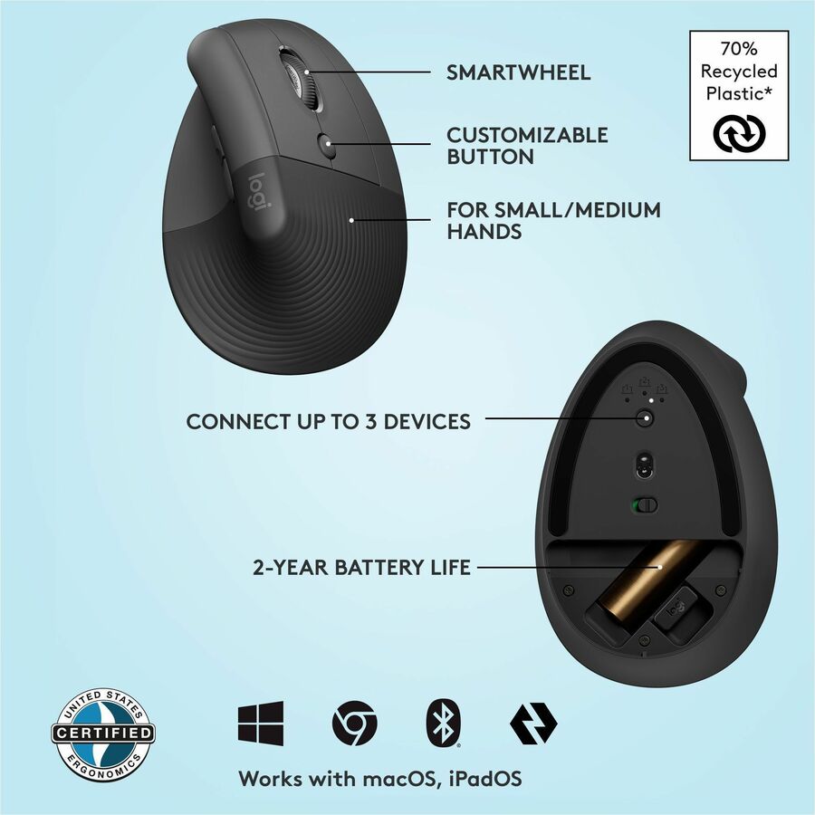 Alternate-Image5 Image for Logitech Lift Vertical Ergonomic Mouse, Wireless, Bluetooth or Logi Bolt USB receiver, Quiet clicks, 4 buttons, Graphite