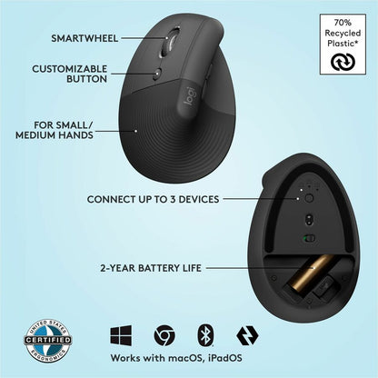 Alternate-Image5 Image for Logitech Lift Left Vertical Ergonomic Mouse, Left-handed, Wireless, Bluetooth or Logi Bolt USB, Quiet clicks, Graphite