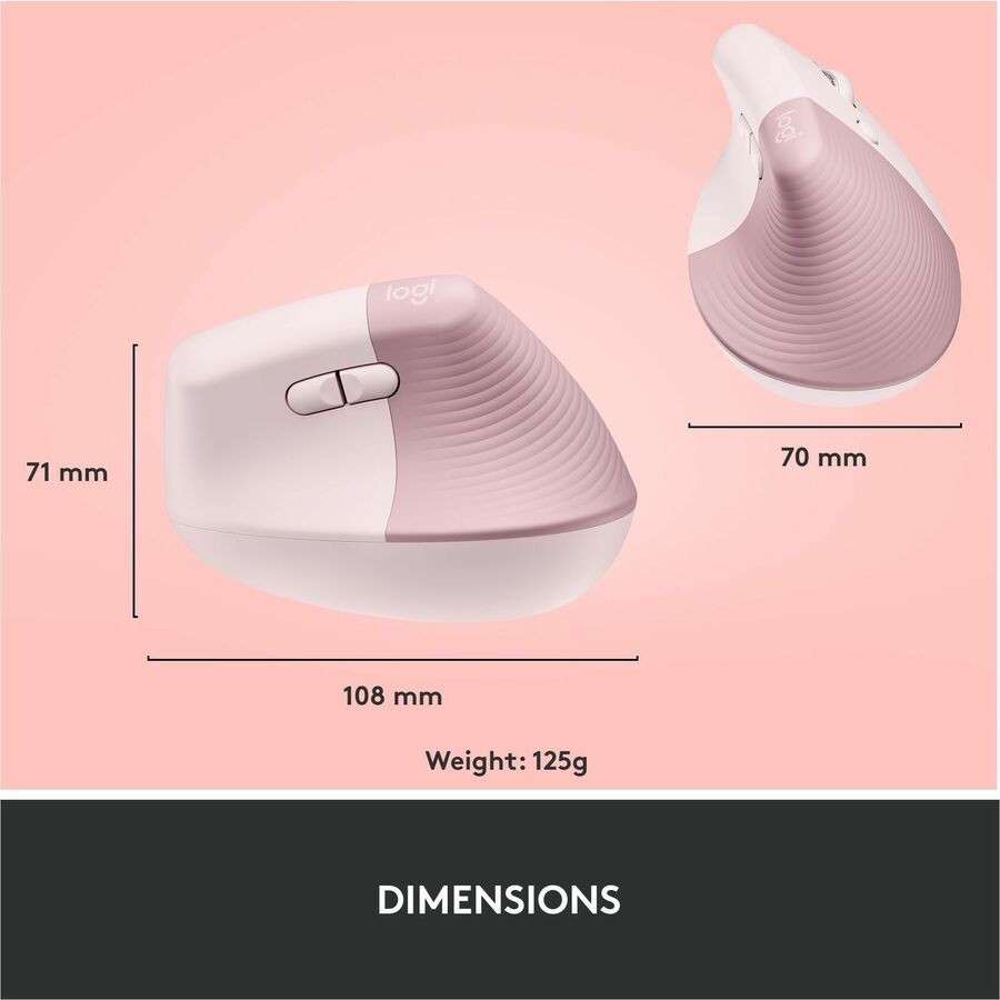 Alternate-Image8 Image for Logitech Lift Vertical Ergonomic Mouse, Wireless, Bluetooth or Logi Bolt USB receiver, Quiet clicks, 4 buttons, Rose