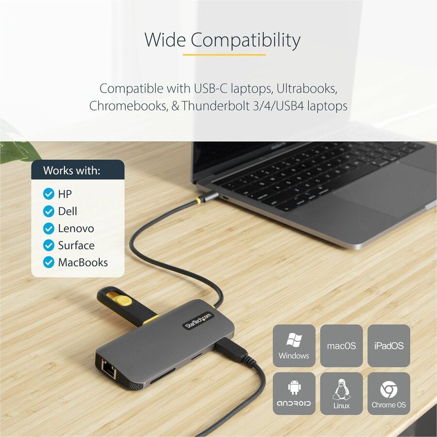 Alternate-Image5 Image for StarTech.com USB C Multiport Adapter, 4K 60Hz HDMI HDR10 Video, 3 Port 5Gbps USB-A Hub, 100W PD Pass-Through, GbE, SD/MicroSD, Mini Dock