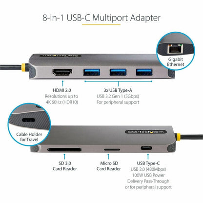 Alternate-Image1 Image for StarTech.com USB C Multiport Adapter, 4K 60Hz HDMI HDR10 Video, 3 Port 5Gbps USB-A Hub, 100W PD Pass-Through, GbE, SD/MicroSD, Mini Dock
