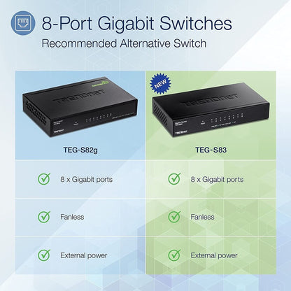 Alternate-Image1 Image for TRENDnet 8-Port Gigabit Desktop Switch, TEG-S83, 8 x Gigabit RJ-45 Ports, 16Gbps Switching Capacity, Fanless Design, Metal Enclosure, Lifetime Protection, Black