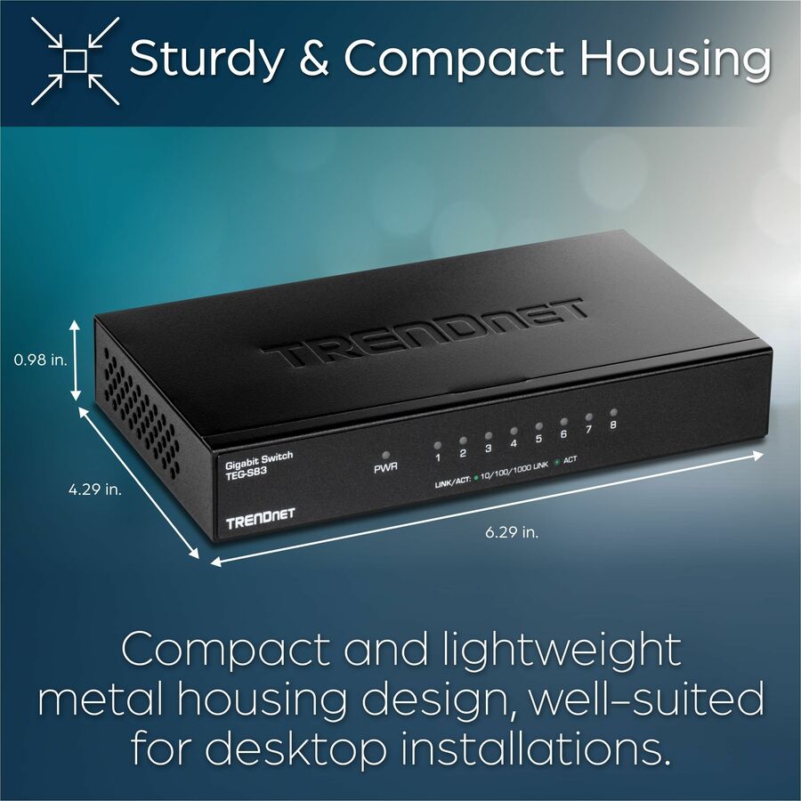Alternate-Image8 Image for TRENDnet 8-Port Gigabit Desktop Switch, TEG-S83, 8 x Gigabit RJ-45 Ports, 16Gbps Switching Capacity, Fanless Design, Metal Enclosure, Lifetime Protection, Black