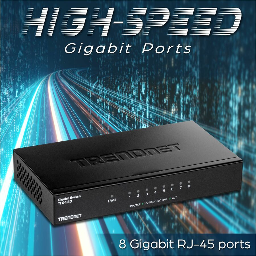 Alternate-Image7 Image for TRENDnet 8-Port Gigabit Desktop Switch, TEG-S83, 8 x Gigabit RJ-45 Ports, 16Gbps Switching Capacity, Fanless Design, Metal Enclosure, Lifetime Protection, Black