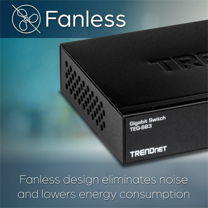 Alternate-Image6 Image for TRENDnet 8-Port Gigabit Desktop Switch, TEG-S83, 8 x Gigabit RJ-45 Ports, 16Gbps Switching Capacity, Fanless Design, Metal Enclosure, Lifetime Protection, Black