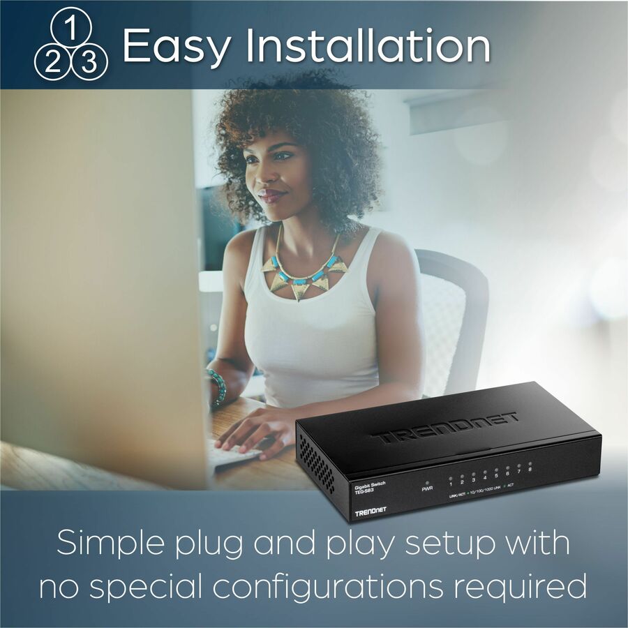 Alternate-Image5 Image for TRENDnet 8-Port Gigabit Desktop Switch, TEG-S83, 8 x Gigabit RJ-45 Ports, 16Gbps Switching Capacity, Fanless Design, Metal Enclosure, Lifetime Protection, Black