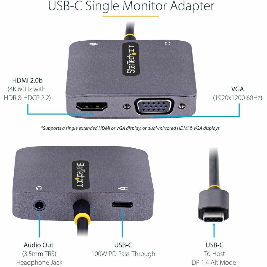 Alternate-Image1 Image for StarTech USB C Video Adapter, USB C to HDMI VGA Multiport Adapter, 3.5mm Audio, 4K 60Hz HDR, 100W PD 3.0 PT, USB C Display Adapter