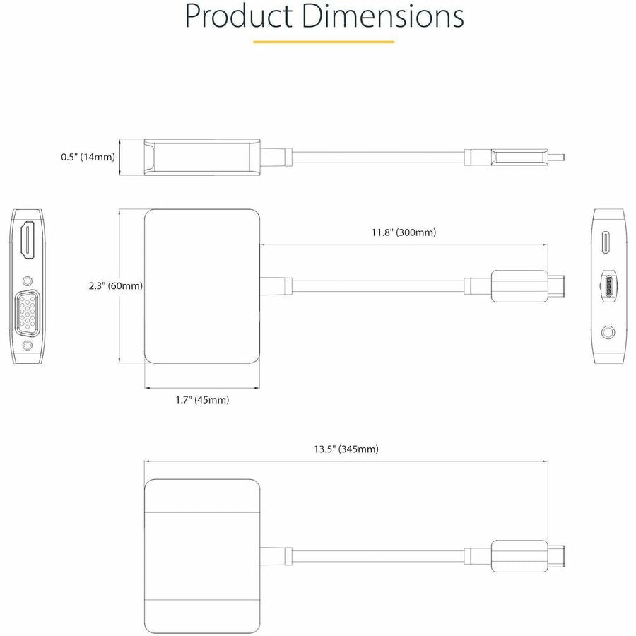 Alternate-Image2 Image for StarTech USB C Video Adapter, USB C to HDMI VGA Multiport Adapter, 3.5mm Audio, 4K 60Hz HDR, 100W PD 3.0 PT, USB C Display Adapter