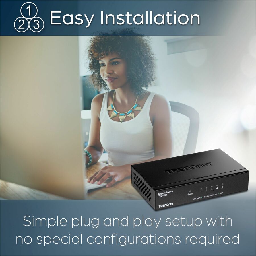 Alternate-Image5 Image for TRENDnet 5-Port Gigabit Desktop Switch, TEG-S51, 5 x Gigabit RJ-45 Ports, 10Gbps Switching Capacity, Fanless Design, Metal Enclosure, Lifetime Protection, Black