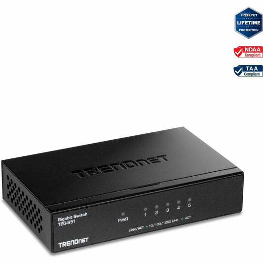 Main Image for TRENDnet 5-Port Gigabit Desktop Switch, TEG-S51, 5 x Gigabit RJ-45 Ports, 10Gbps Switching Capacity, Fanless Design, Metal Enclosure, Lifetime Protection, Black