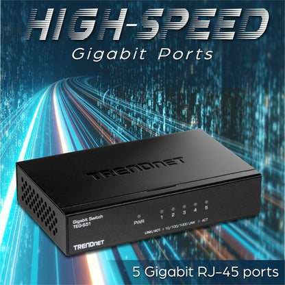 Alternate-Image7 Image for TRENDnet 5-Port Gigabit Desktop Switch, TEG-S51, 5 x Gigabit RJ-45 Ports, 10Gbps Switching Capacity, Fanless Design, Metal Enclosure, Lifetime Protection, Black