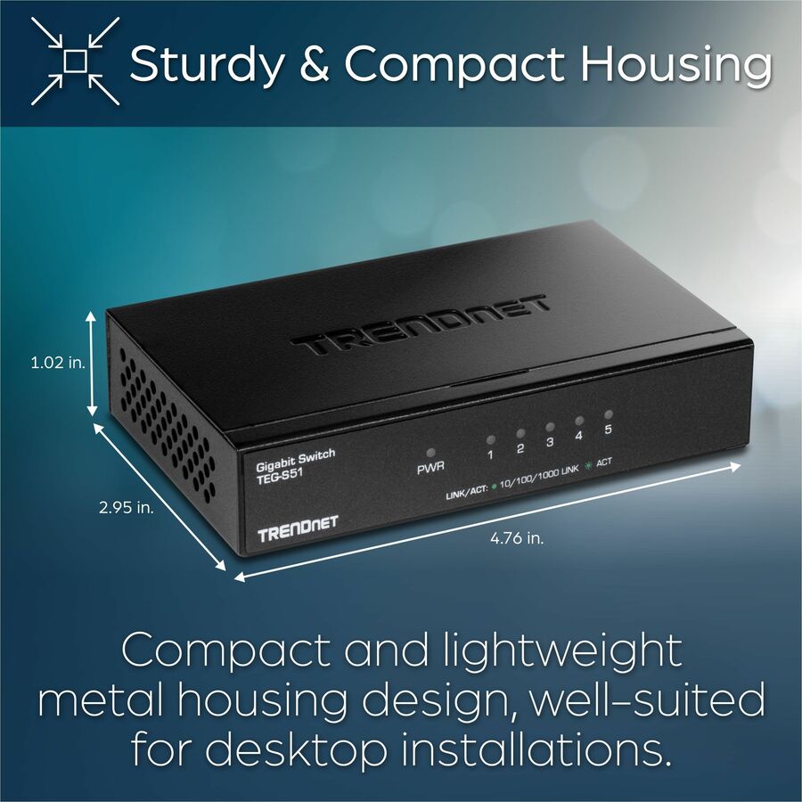 Alternate-Image8 Image for TRENDnet 5-Port Gigabit Desktop Switch, TEG-S51, 5 x Gigabit RJ-45 Ports, 10Gbps Switching Capacity, Fanless Design, Metal Enclosure, Lifetime Protection, Black