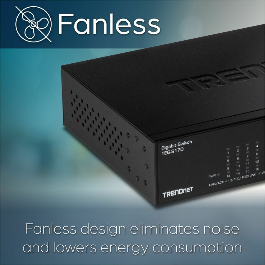 Alternate-Image7 Image for TRENDnet 16-Port Gigabit Desktop Switch, TEG-S17D, 16 x Gigabit RJ-45 Ports, 32Gbps Switching Capacity, Ethernet Splitter, NDAA & TAA Compliant, Internal Power Supply, Lifetime Protection, Black