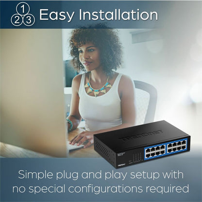 Alternate-Image6 Image for TRENDnet 16-Port Gigabit Desktop Switch, TEG-S17D, 16 x Gigabit RJ-45 Ports, 32Gbps Switching Capacity, Ethernet Splitter, NDAA & TAA Compliant, Internal Power Supply, Lifetime Protection, Black