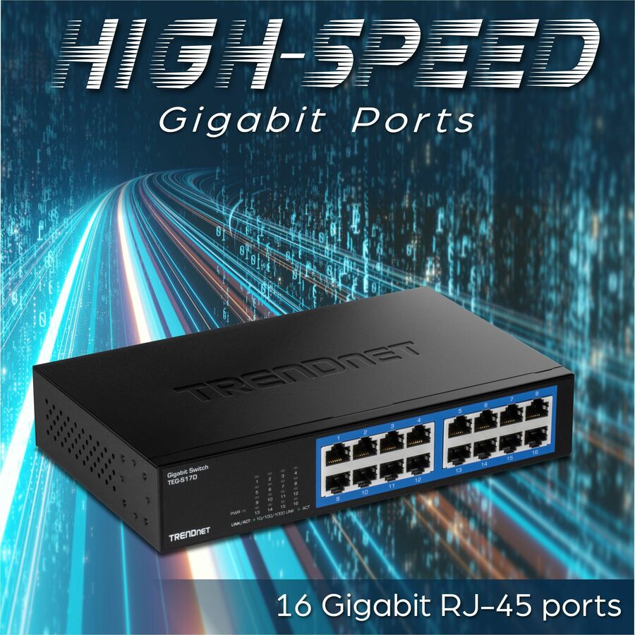 Alternate-Image8 Image for TRENDnet 16-Port Gigabit Desktop Switch, TEG-S17D, 16 x Gigabit RJ-45 Ports, 32Gbps Switching Capacity, Ethernet Splitter, NDAA & TAA Compliant, Internal Power Supply, Lifetime Protection, Black