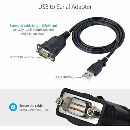 Alternate-Image1 Image for StarTech.com 3ft (1m) USB to Serial Cable, DB9 Male RS232 to USB Converter, USB to Serial Adapter, COM Port Adapter with Prolific IC