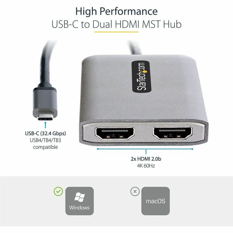 Alternate-Image1 Image for StarTech.com USB-C to Dual HDMI Adapter, USB Type-C Multi-Monitor MST Hub, Dual 4K 60Hz HDMI Laptop Display Extender / Splitter, Windows