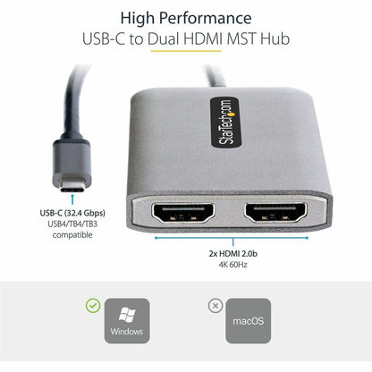 Alternate-Image1 Image for StarTech.com USB-C to Dual HDMI Adapter, USB Type-C Multi-Monitor MST Hub, Dual 4K 60Hz HDMI Laptop Display Extender / Splitter, Windows