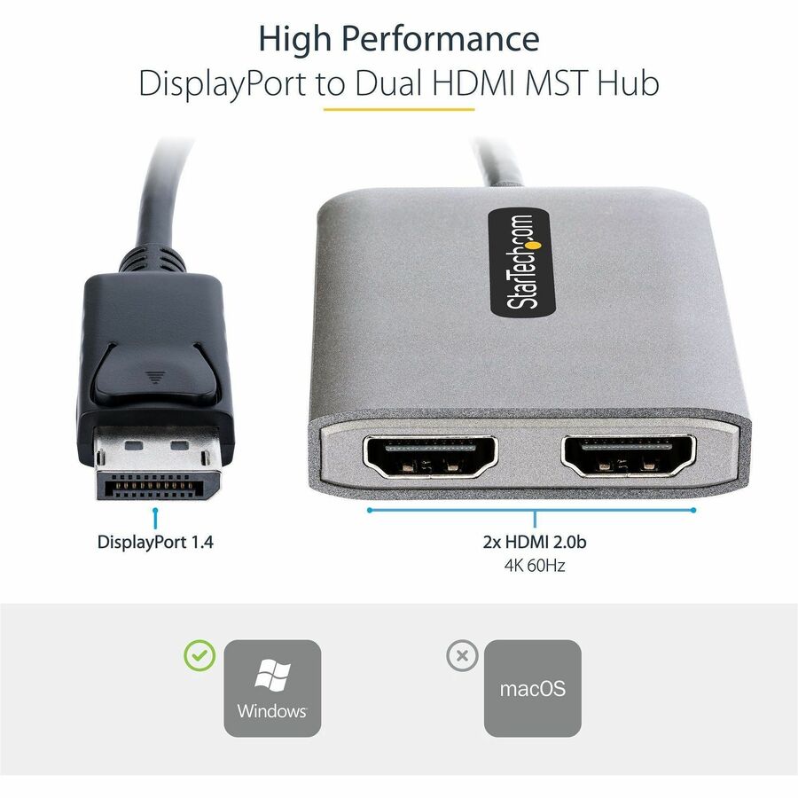 Alternate-Image1 Image for StarTech.com DP to Dual HDMI MST HUB, Dual HDMI 4K 60Hz, 2 Port DisplayPort Multi Monitor Adapter with 1ft/30cm Cable, DP 1.4 | DSC | HBR3