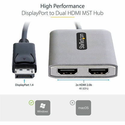 Alternate-Image1 Image for StarTech.com DP to Dual HDMI MST HUB, Dual HDMI 4K 60Hz, 2 Port DisplayPort Multi Monitor Adapter with 1ft/30cm Cable, DP 1.4 | DSC | HBR3
