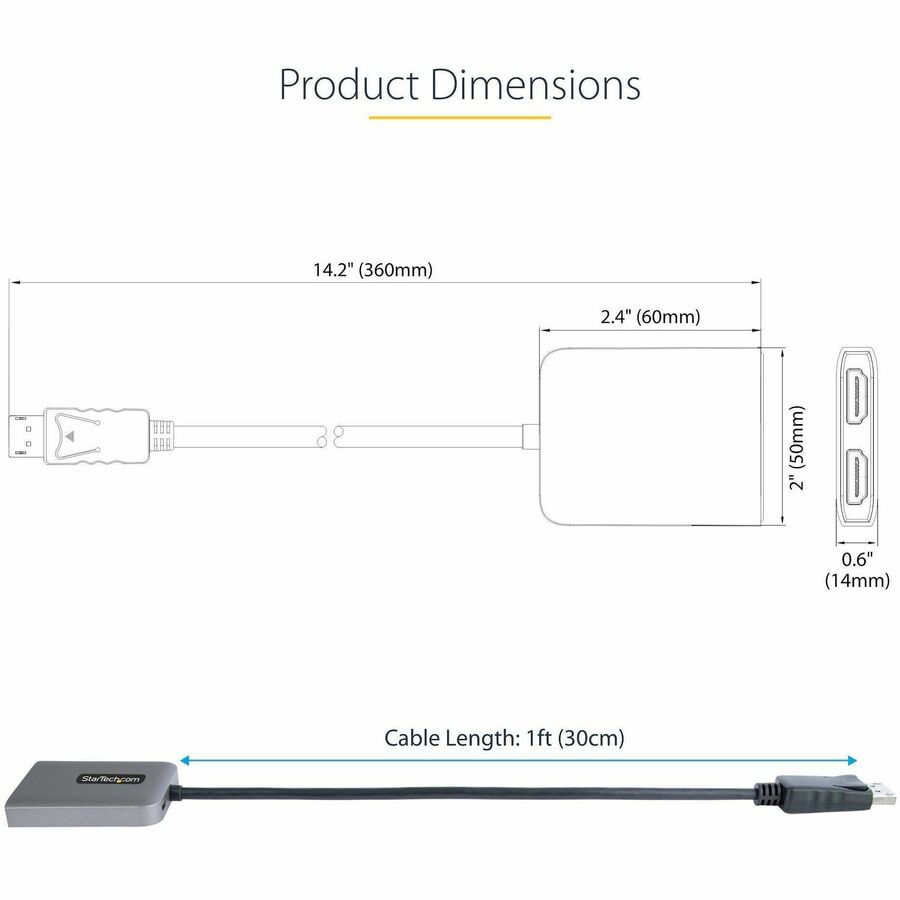 Alternate-Image5 Image for StarTech.com DP to Dual HDMI MST HUB, Dual HDMI 4K 60Hz, 2 Port DisplayPort Multi Monitor Adapter with 1ft/30cm Cable, DP 1.4 | DSC | HBR3
