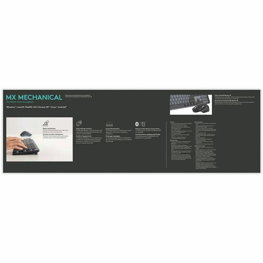Bottom Image for Logitech MX Mechanical Wireless Illuminated Performance Keyboard, Tactile Quiet Switches, Bluetooth, Graphite