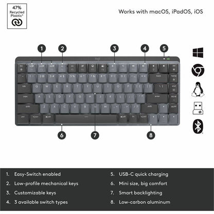 Alternate-Image5 Image for Logitech MX Mechanical Mini Wireless Illuminated Keyboard, Tactile Quiet Switches, Backlit, Bluetooth, USB-C