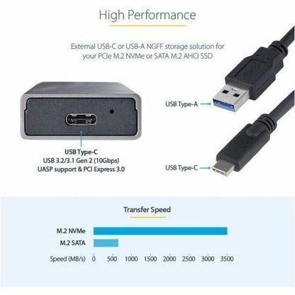 Alternate-Image1 Image for StarTech.com USB-C 10Gbps to M.2 NVMe or M.2 SATA SSD Enclosure, Tool-free M.2 PCIe/SATA SSD Aluminum Enclosure, USB-C & USB-A Host Cables