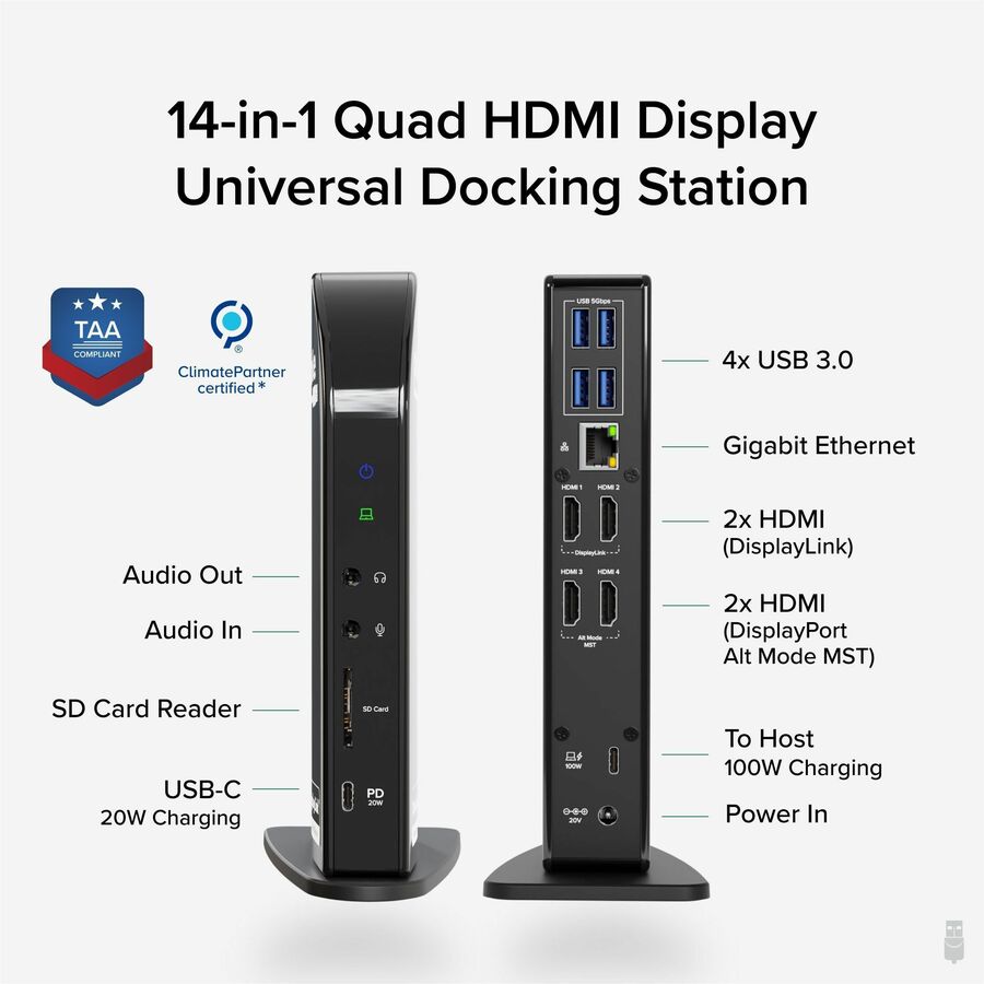 Alternate-Image1 Image for Plugable 14-in-1 USB C Docking Station with 4x HDMI, Quad Dock with 100W Charging, 4x HDMI Displays