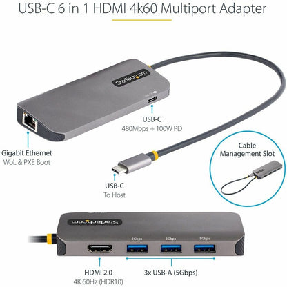 Alternate-Image1 Image for StarTech.com USB C Multiport Adapter, 4K 60Hz HDMI HDR10 Video, 3 Port 5Gbps USB 3.2 Hub, 100W PD PassThrough, GbE, Mini Travel Dock