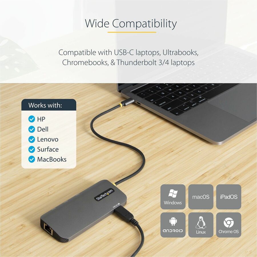 Alternate-Image5 Image for StarTech.com USB C Multiport Adapter, 4K 60Hz HDMI HDR10 Video, 3 Port 5Gbps USB 3.2 Hub, 100W PD PassThrough, GbE, Mini Travel Dock