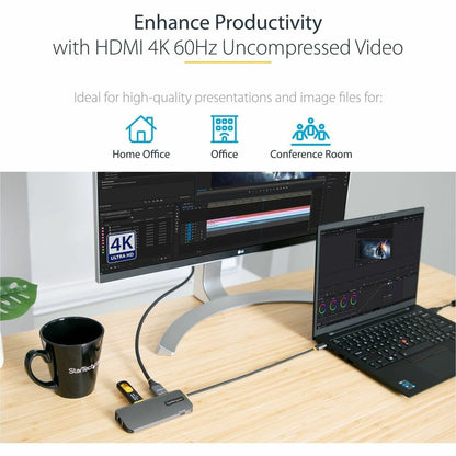Alternate-Image2 Image for StarTech.com USB C Multiport Adapter, 4K 60Hz HDMI HDR10 Video, 3 Port 5Gbps USB 3.2 Hub, 100W PD PassThrough, GbE, Mini Travel Dock