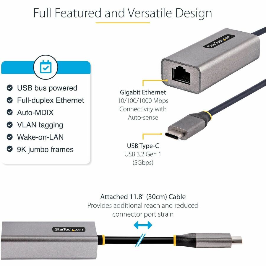 Alternate-Image2 Image for StarTech.com USB-C to Ethernet Adapter, 10/100/1000 Mbps, Gigabit Network Adapter, ASIX AX88179A, 1ft/30cm Cable, Windows/macOS/Linux