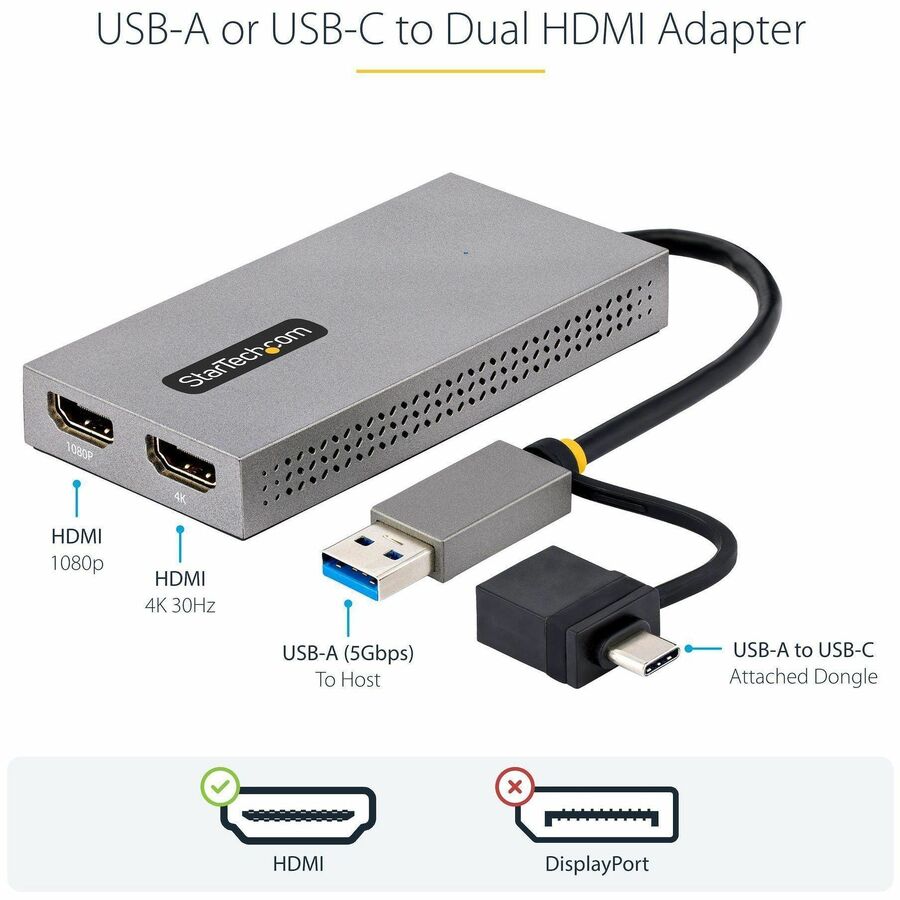 Alternate-Image2 Image for StarTech.com USB to Dual HDMI Adapter, USB A/C to 2x HDMI Displays (1x 4K30, 1x 1080p), USB 3.0 to HDMI Converter, 4in/11cm Cable, Win/Mac