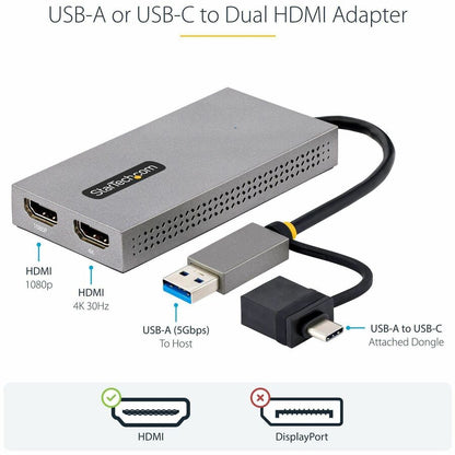 Alternate-Image2 Image for StarTech.com USB to Dual HDMI Adapter, USB A/C to 2x HDMI Displays (1x 4K30, 1x 1080p), USB 3.0 to HDMI Converter, 4in/11cm Cable, Win/Mac