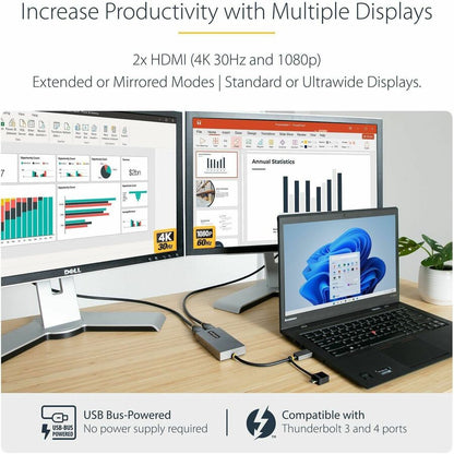 Alternate-Image1 Image for StarTech.com USB to Dual HDMI Adapter, USB A/C to 2x HDMI Displays (1x 4K30, 1x 1080p), USB 3.0 to HDMI Converter, 4in/11cm Cable, Win/Mac