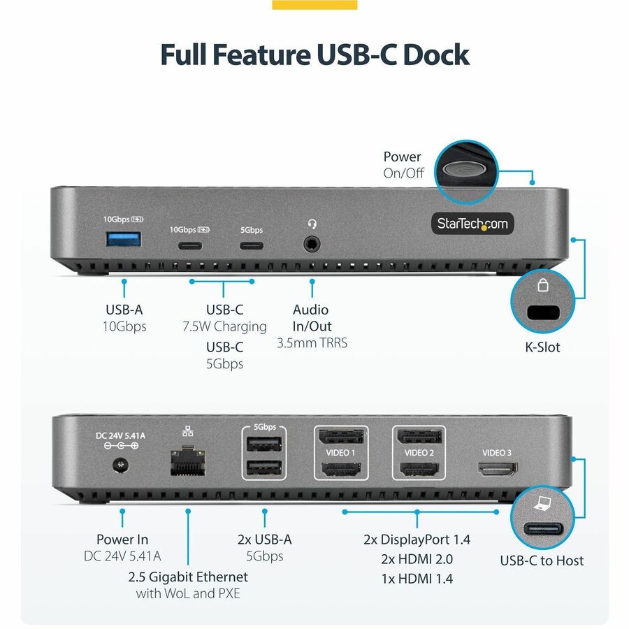 Alternate-Image1 Image for StarTech.com USB-C Triple Monitor Docking Station - Triple 4K HDMI/DP USB-C Dock - 5x USB Hub - GbE - 100W PD - Universal / Multi Monitor