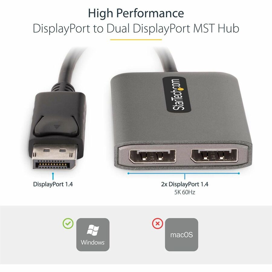 Alternate-Image1 Image for StarTech.com Dual-Monitor DisplayPort 1.4 Splitter, DisplayPort to 2x DP Multi-Monitor Adapter, Dual 5K 60Hz Computer MST Hub, Windows