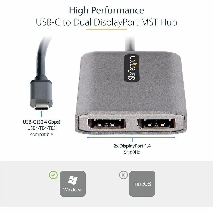 Alternate-Image1 Image for StarTech.com USB-C to Dual DisplayPort 1.4 Adapter, USB Type-C Multi-Monitor MST Hub, Dual 5K 60Hz DP Display Extender / Splitter, Windows